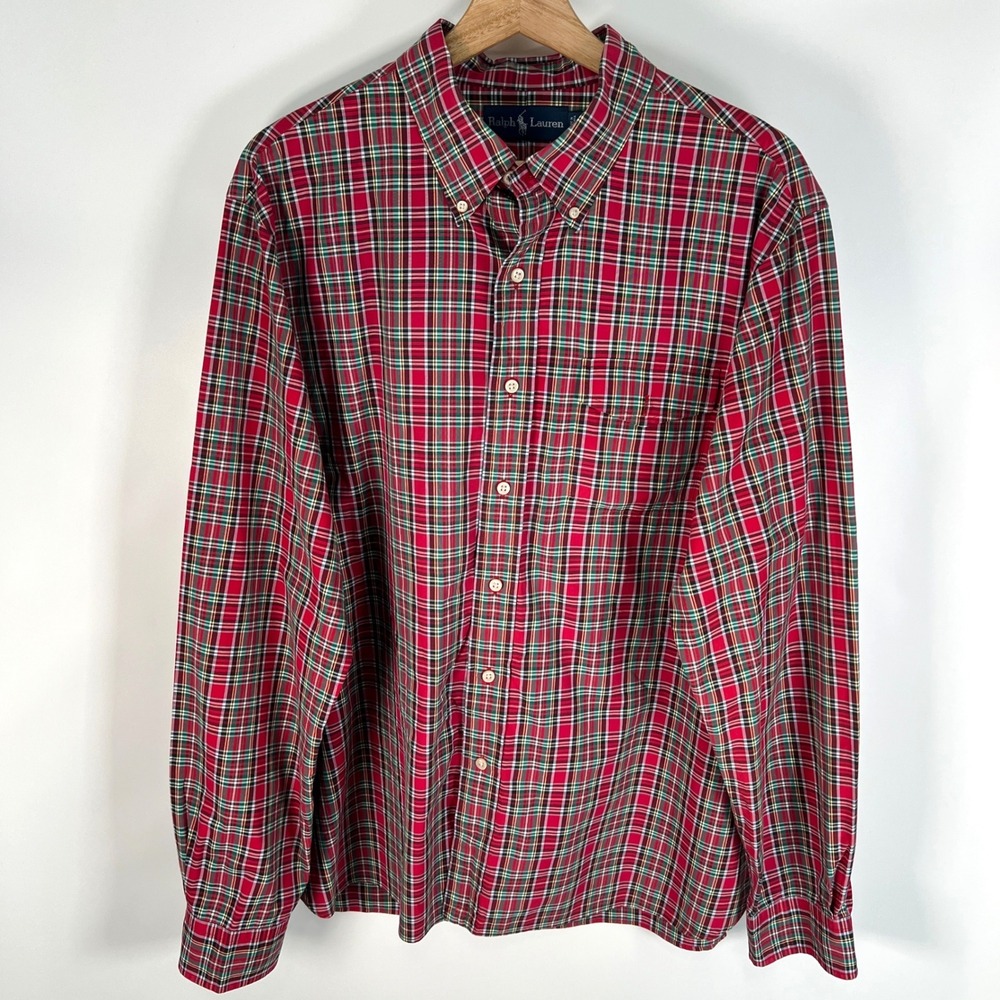 Ralph Lauren Mens XL Red Green Plaid Button Down Shirt Long Sleeve Cotton